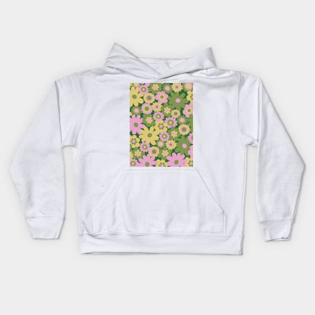 60s retro flower power, retro green, pink, mustard yellow, 60s groovy pattern, hippie flowers Kids Hoodie by blomastudios